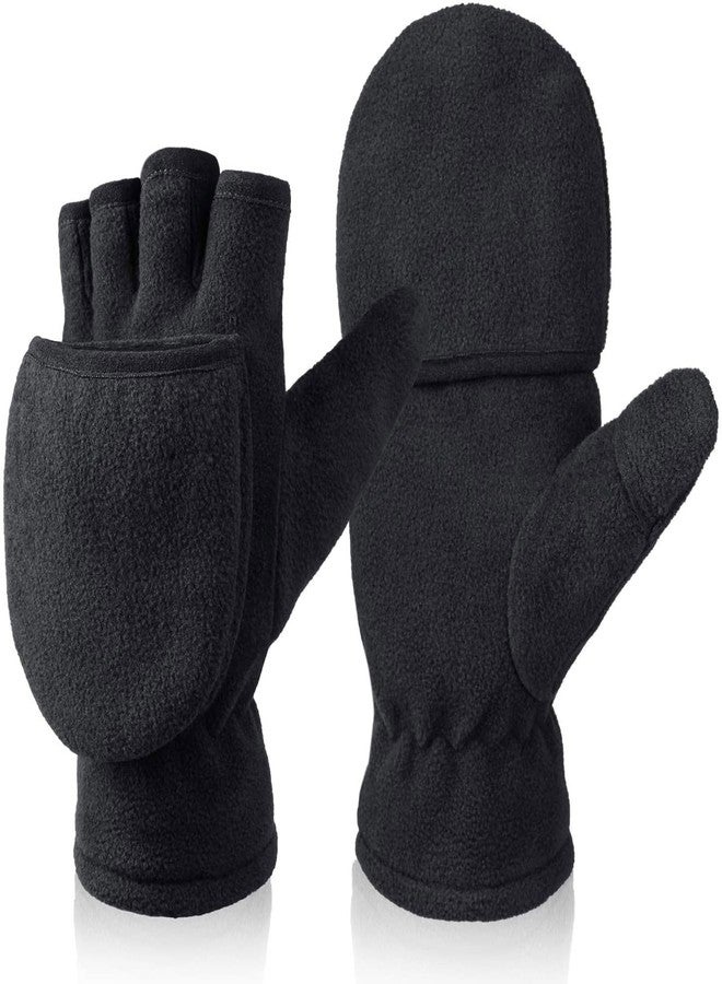BESSTEVEN Winter Fingerless Gloves for Men Women | Convertible Flip Top Mittens - Thermal Polar Fleece Warm Lightweight for Texting Jogging - Black Medium - Image 1